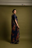 Navy Blue Floral Georgette Saree with Golden Embroidered Border