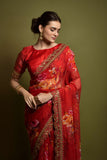 Red Floral Georgette Saree with Golden Embroidered Border