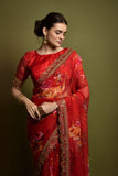 Red Floral Georgette Saree with Golden Embroidered Border