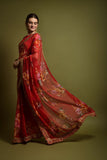 Red Floral Georgette Saree with Golden Embroidered Border