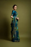 Teal Blue Floral Georgette Saree with Golden Embroidered Border