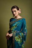 Teal Blue Floral Georgette Saree with Golden Embroidered Border