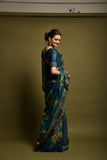 Teal Blue Floral Georgette Saree with Golden Embroidered Border