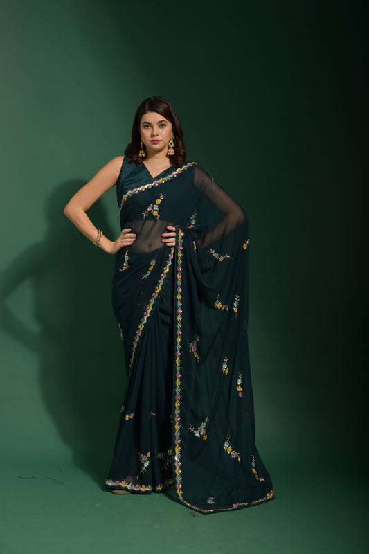Forest Teal Blue Floral Embroidered Saree with Delicate Multicolor Border