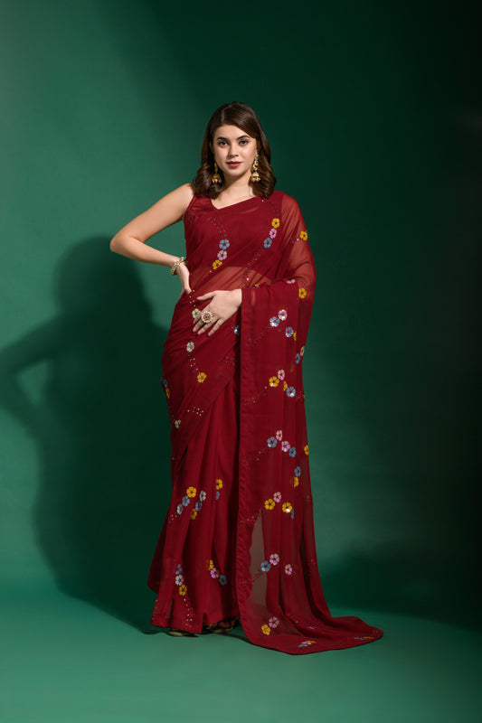 Maroon Sheer Saree with Colorful Floral Sequins