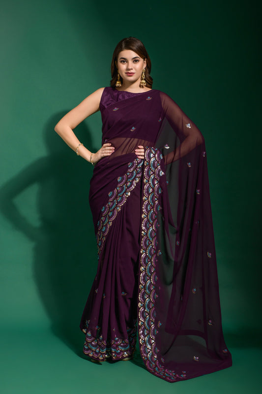 Plum Purple Embroidered Saree with Scallop Border Elegant Festive Wear