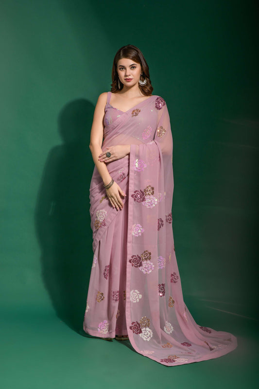Pink Designer Georgette Saree with Heavy Sequin Floral Embroidery