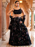 Noir Bloom Black Lehenga Set with Printed Skirt & Cowl Neck Blouse