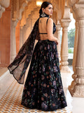 Noir Bloom Black Lehenga Set with Printed Skirt & Cowl Neck Blouse