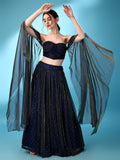 Navy Blue Sequined Bustier Lehenga Set with Sheer Dupatta