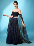 Navy Blue Sequined Bustier Lehenga Set with Sheer Dupatta