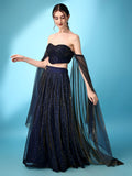 Navy Blue Sequined Bustier Lehenga Set with Sheer Dupatta