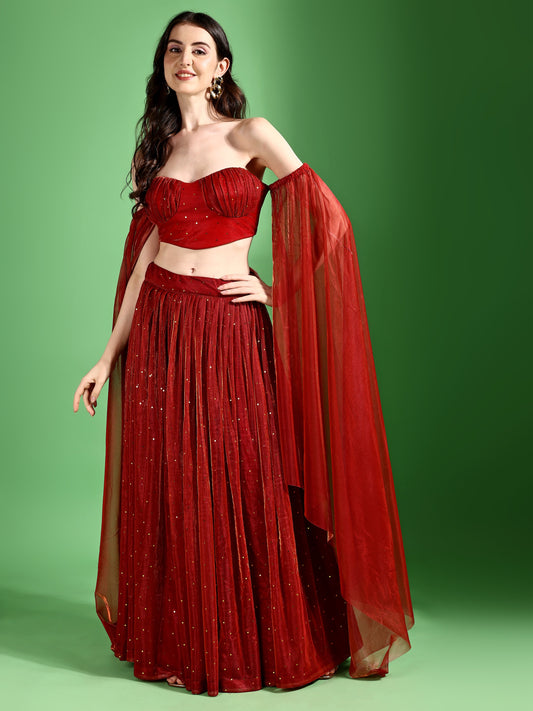 Scarlet Red Sequined Bustier Lehenga Set with Sheer Dupatta