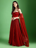 Scarlet Red Sequined Bustier Lehenga Set with Sheer Dupatta
