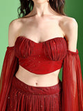 Scarlet Red Sequined Bustier Lehenga Set with Sheer Dupatta
