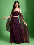 Emmy Wine Sequined Bustier Lehenga Set with Draped Dupatta