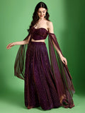 Emmy Wine Sequined Bustier Lehenga Set with Draped Dupatta
