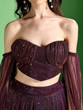 Emmy Wine Sequined Bustier Lehenga Set with Draped Dupatta