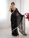 Flora Black Floral Embellished Net Saree with Gold Border