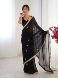 Flora Black Floral Embellished Net Saree with Gold Border