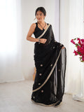 Flora Black Floral Embellished Net Saree with Gold Border