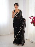 Flora Black Floral Embellished Net Saree with Gold Border