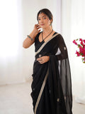 Flora Black Floral Embellished Net Saree with Gold Border