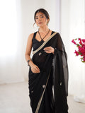 Flora Black Floral Embellished Net Saree with Gold Border