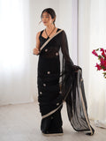 Flora Black Floral Embellished Net Saree with Gold Border
