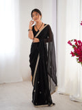 Flora Black Floral Embellished Net Saree with Gold Border