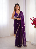 Flora Purple Floral Embellished Net Saree with Gold Border