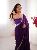 Flora Purple Floral Embellished Net Saree with Gold Border
