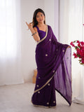 Flora Purple Floral Embellished Net Saree with Gold Border