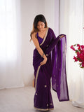 Flora Purple Floral Embellished Net Saree with Gold Border