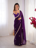 Flora Purple Floral Embellished Net Saree with Gold Border