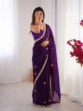 Flora Purple Floral Embellished Net Saree with Gold Border