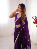 Flora Purple Floral Embellished Net Saree with Gold Border