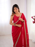 Flora Red Floral Embellished Net Saree with Gold Border