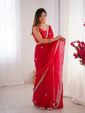 Flora Red Floral Embellished Net Saree with Gold Border