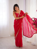 Flora Red Floral Embellished Net Saree with Gold Border