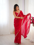 Flora Red Floral Embellished Net Saree with Gold Border