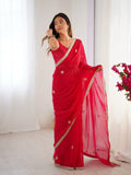 Flora Red Floral Embellished Net Saree with Gold Border