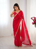 Flora Red Floral Embellished Net Saree with Gold Border
