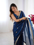 Flora Teal Blue Floral Embellished Net Saree with Gold Border