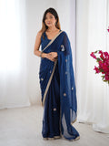Flora Teal Blue Floral Embellished Net Saree with Gold Border