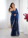 Flora Teal Blue Floral Embellished Net Saree with Gold Border