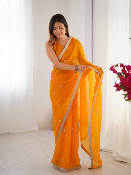 Flora Yellow Floral Embellished Net Saree with Gold Border
