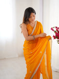 Flora Yellow Floral Embellished Net Saree with Gold Border