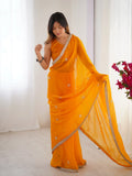 Flora Yellow Floral Embellished Net Saree with Gold Border
