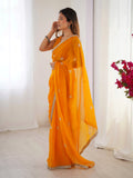 Flora Yellow Floral Embellished Net Saree with Gold Border